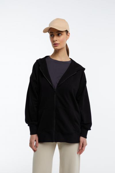 Zipper hoodie is elongated without fleece black