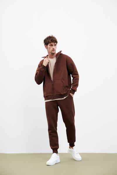 Men's tracksuit fleece with zip hoodie chocolate